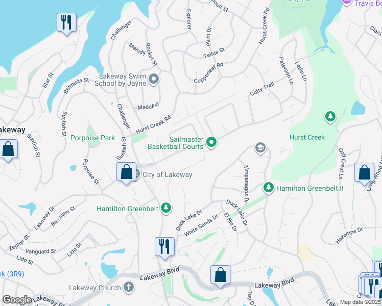 map of restaurants, bars, coffee shops, grocery stores, and more near 208 Sailmaster Street in Lakeway