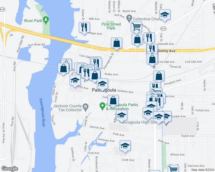map of restaurants, bars, coffee shops, grocery stores, and more near 825 Jackson Avenue in Pascagoula