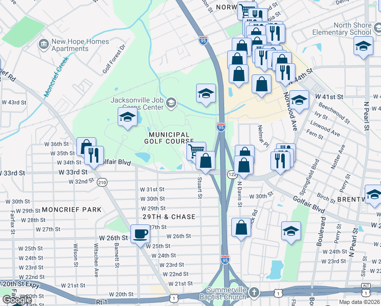 map of restaurants, bars, coffee shops, grocery stores, and more near 1085 Golfair Boulevard in Jacksonville