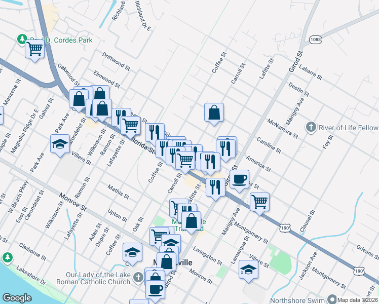map of restaurants, bars, coffee shops, grocery stores, and more near 915 Carroll Street in Mandeville