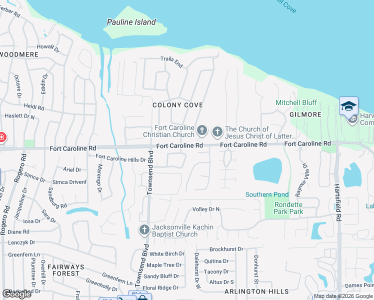 map of restaurants, bars, coffee shops, grocery stores, and more near 7535 Colony Cove Lane in Jacksonville