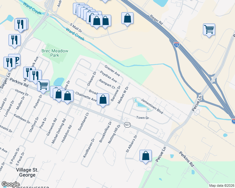 map of restaurants, bars, coffee shops, grocery stores, and more near 9127 Baronne Drive in Baton Rouge