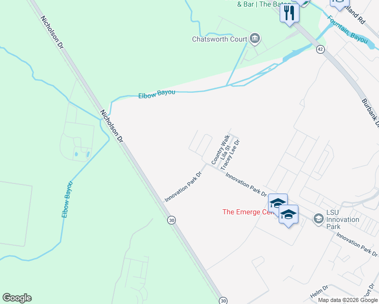 map of restaurants, bars, coffee shops, grocery stores, and more near 7231 Innovation Park Drive in Baton Rouge