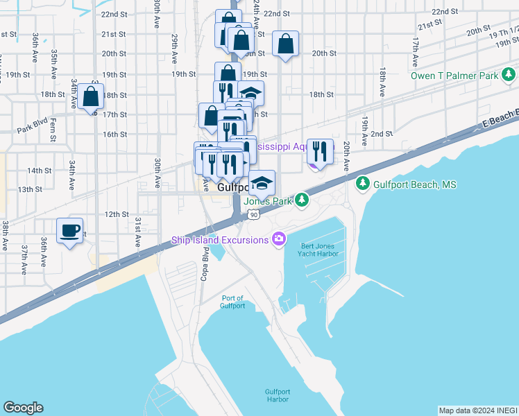 map of restaurants, bars, coffee shops, grocery stores, and more near 830 24th Avenue in Gulfport