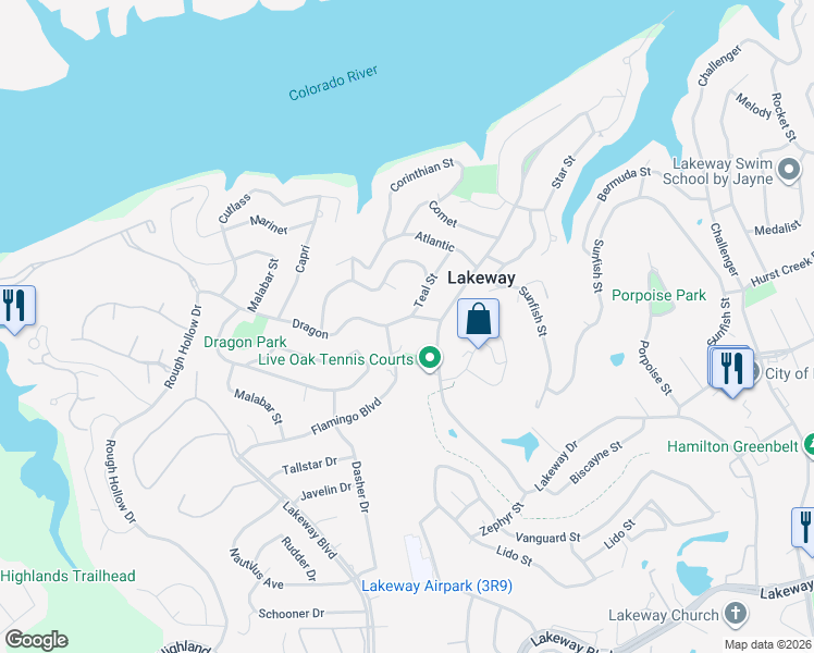 map of restaurants, bars, coffee shops, grocery stores, and more near 512 Dragon in Lakeway