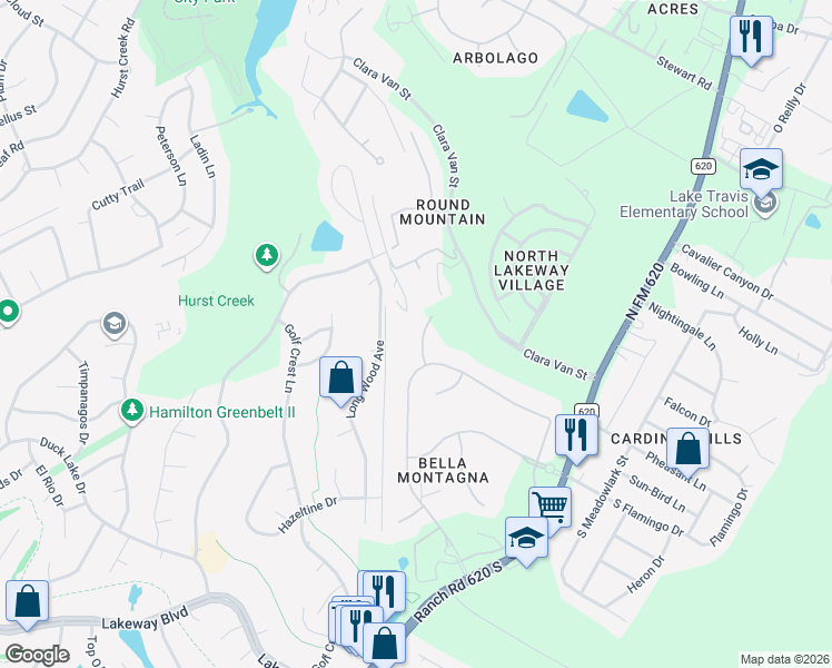 map of restaurants, bars, coffee shops, grocery stores, and more near 103 La Strada Cir in Lakeway