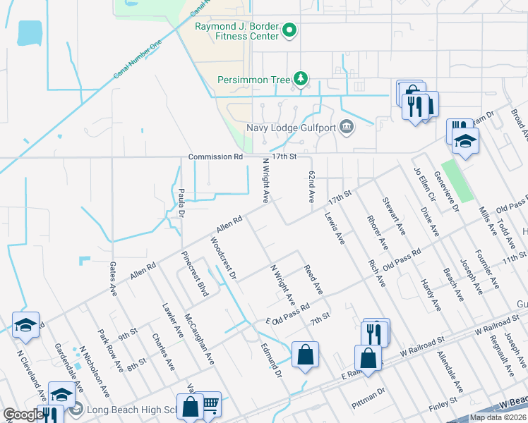 map of restaurants, bars, coffee shops, grocery stores, and more near 18001 Allen Rd in Long Beach