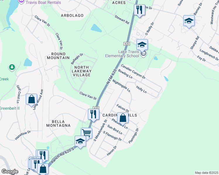 map of restaurants, bars, coffee shops, grocery stores, and more near 109 Ranch Road 620 North in Lakeway