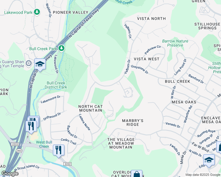 map of restaurants, bars, coffee shops, grocery stores, and more near 6808 Cat Creek Run in Austin