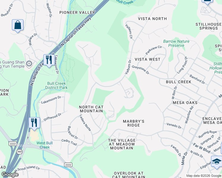 map of restaurants, bars, coffee shops, grocery stores, and more near 7135 Valburn Drive in Austin