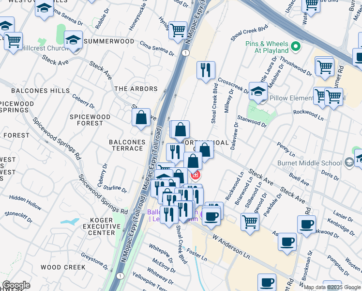 map of restaurants, bars, coffee shops, grocery stores, and more near 3301 Steck Avenue in Austin