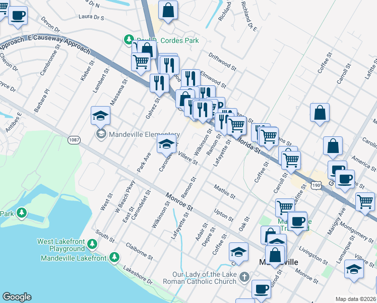 map of restaurants, bars, coffee shops, grocery stores, and more near 701 Aurora Street in Mandeville