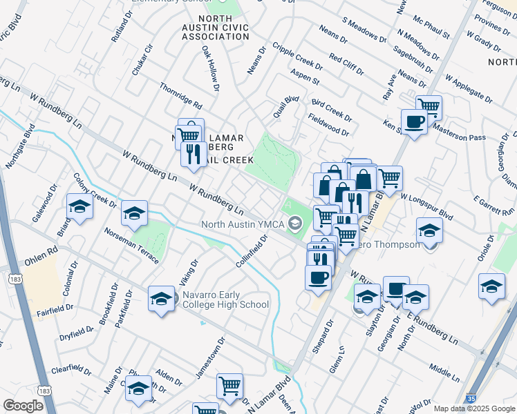 map of restaurants, bars, coffee shops, grocery stores, and more near 1127 Rutland Drive in Austin