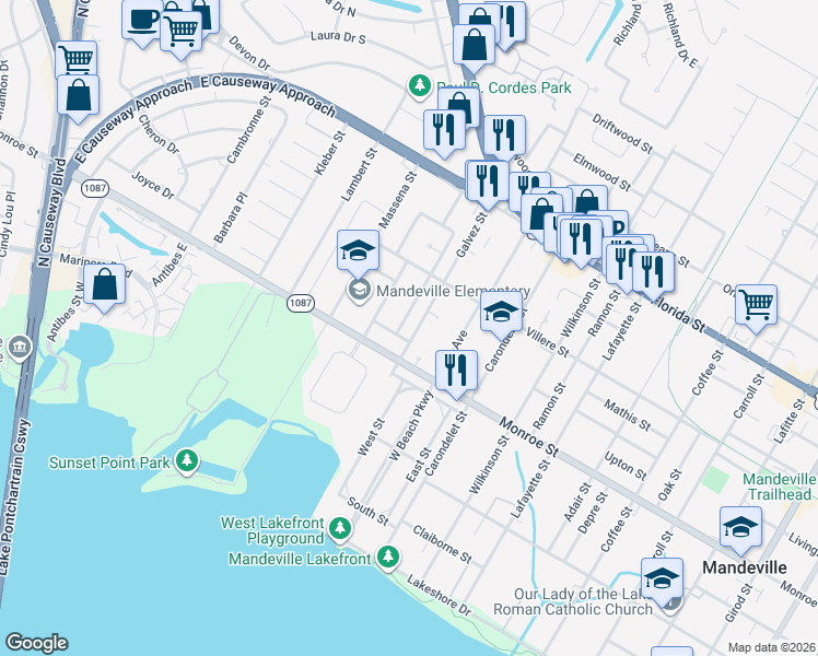 map of restaurants, bars, coffee shops, grocery stores, and more near 2903 Monroe Street in Mandeville