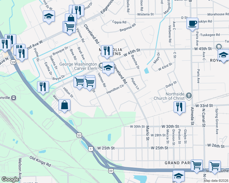 map of restaurants, bars, coffee shops, grocery stores, and more near 2762 Hamilton Circle in Jacksonville