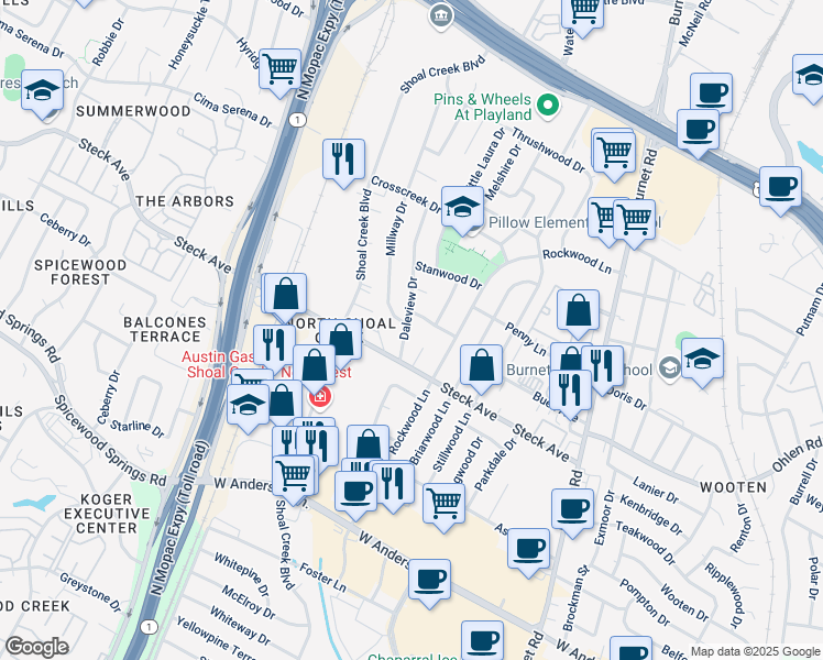 map of restaurants, bars, coffee shops, grocery stores, and more near 8207 Daleview Drive in Austin