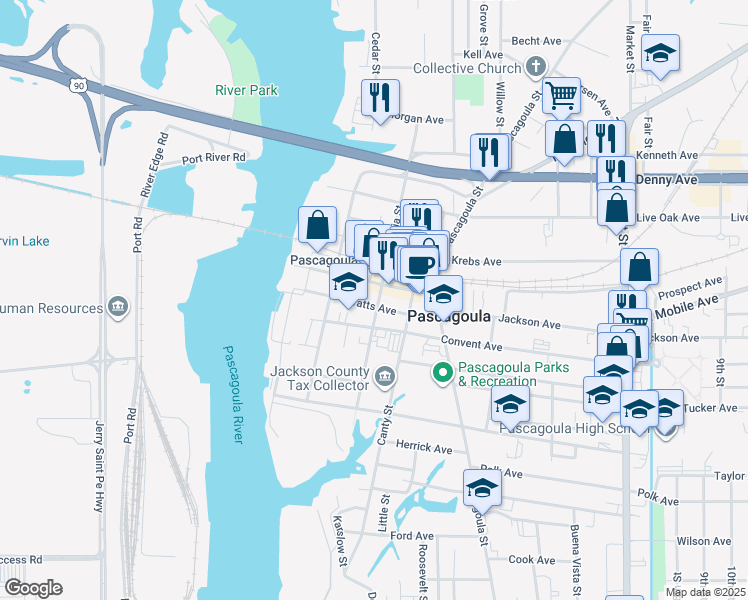 map of restaurants, bars, coffee shops, grocery stores, and more near 200-598 Watts Avenue in Pascagoula