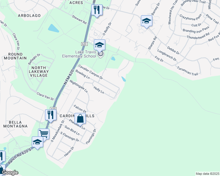map of restaurants, bars, coffee shops, grocery stores, and more near 15006 Bowling Lane in Austin