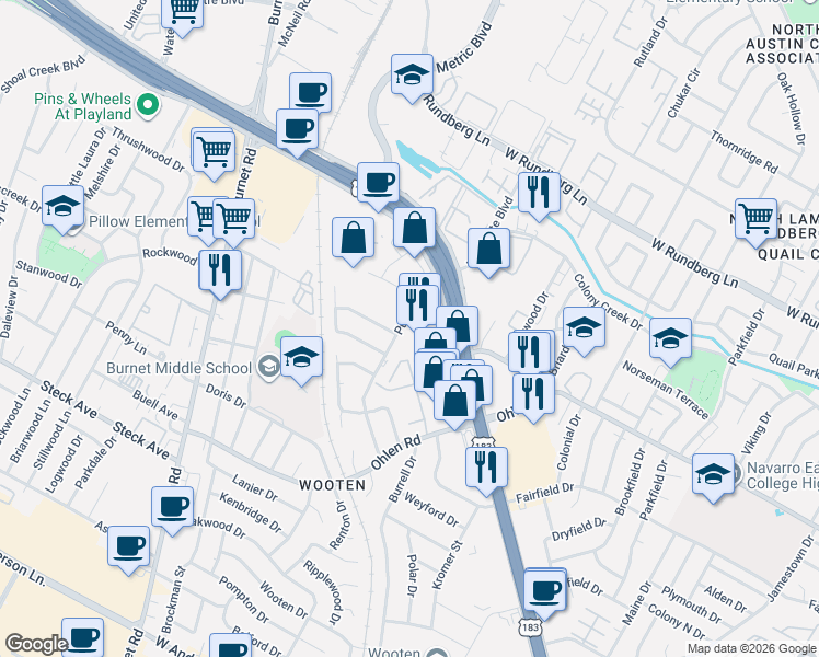 map of restaurants, bars, coffee shops, grocery stores, and more near 8621 Putnam Drive in Austin