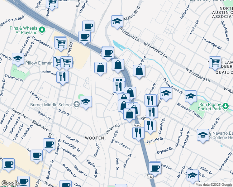 map of restaurants, bars, coffee shops, grocery stores, and more near 8615 Putnam Drive in Austin