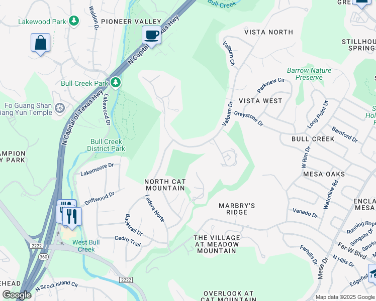 map of restaurants, bars, coffee shops, grocery stores, and more near 7129 Valburn Drive in Austin