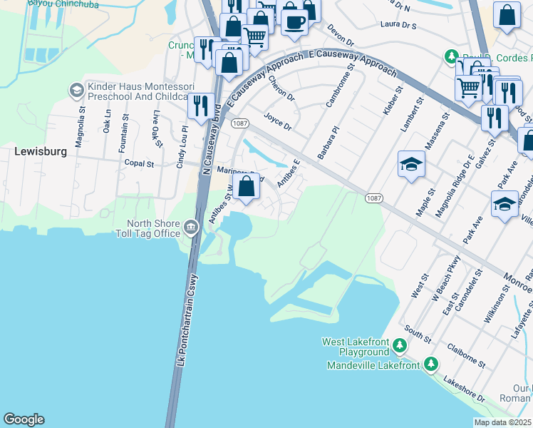 map of restaurants, bars, coffee shops, grocery stores, and more near 114 Saint Croix in Mandeville