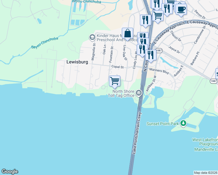 map of restaurants, bars, coffee shops, grocery stores, and more near 228 Esquinance Street in Mandeville