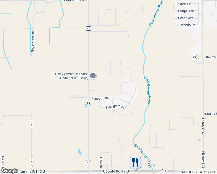 map of restaurants, bars, coffee shops, grocery stores, and more near 1249 Pencarro Boulevard in Foley