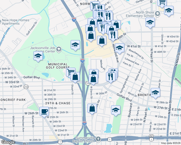map of restaurants, bars, coffee shops, grocery stores, and more near 4514 West Castlewood Drive in Jacksonville