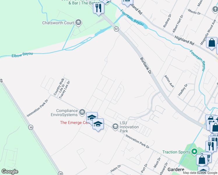 map of restaurants, bars, coffee shops, grocery stores, and more near 1021 Gentle Wind Drive in Baton Rouge