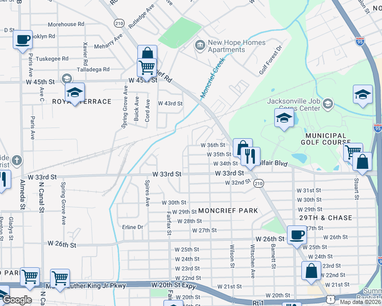 map of restaurants, bars, coffee shops, grocery stores, and more near 1636 West 35th Street in Jacksonville