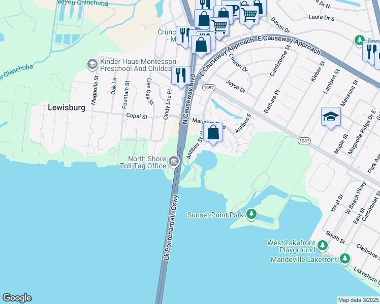 map of restaurants, bars, coffee shops, grocery stores, and more near 225 Antibes Street West in Mandeville