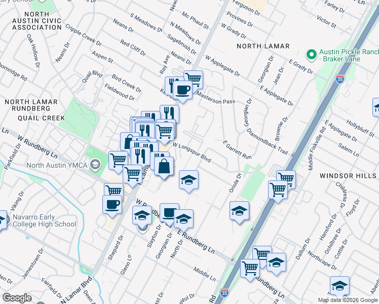 map of restaurants, bars, coffee shops, grocery stores, and more near 9713A Eastwend Drive in Austin