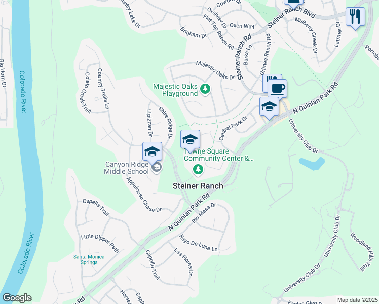 map of restaurants, bars, coffee shops, grocery stores, and more near 12600 Country Trails Lane in Austin