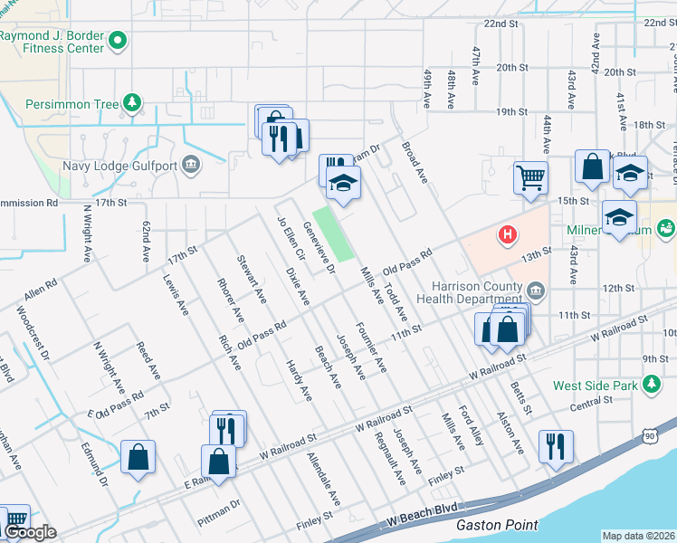 map of restaurants, bars, coffee shops, grocery stores, and more near 1408 Genevieve Drive in Gulfport