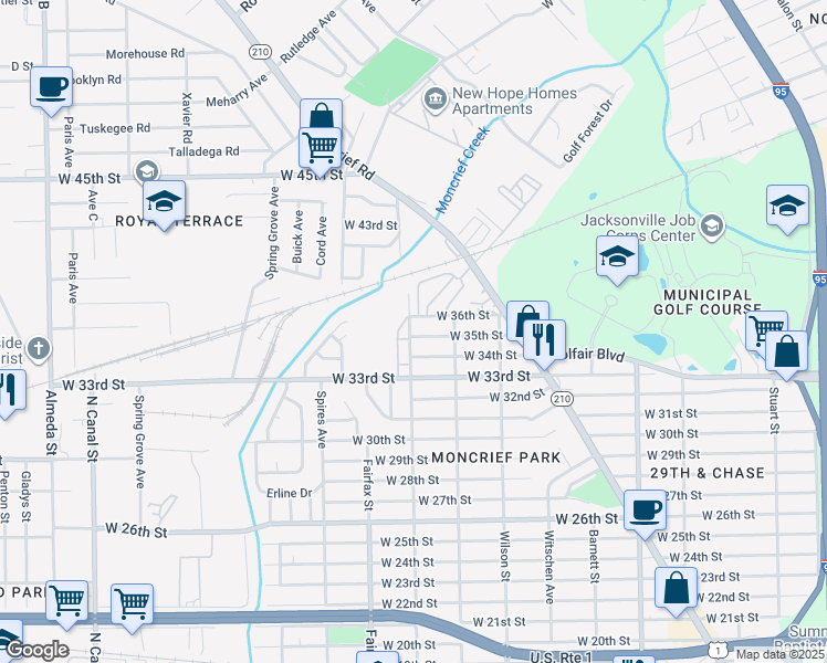 map of restaurants, bars, coffee shops, grocery stores, and more near 1636 West 35th Street in Jacksonville