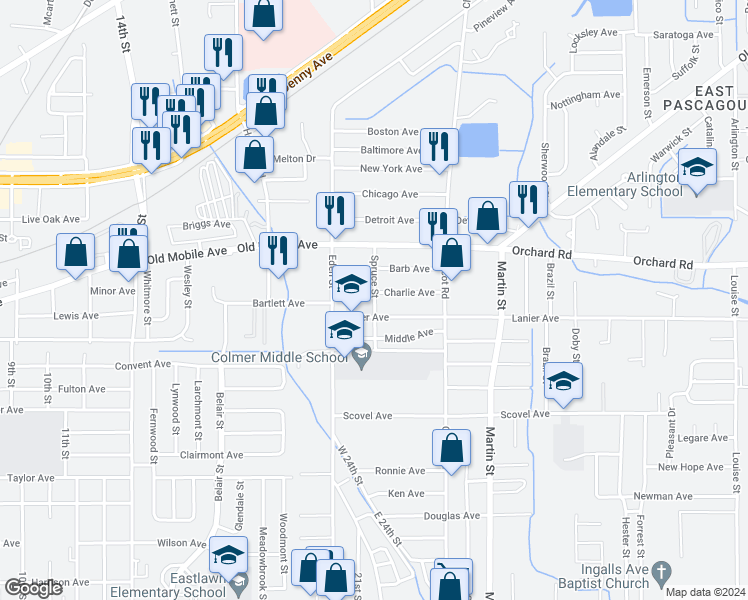 map of restaurants, bars, coffee shops, grocery stores, and more near 3169 Spruce Street in Pascagoula