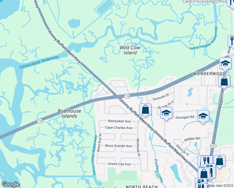map of restaurants, bars, coffee shops, grocery stores, and more near 1299 Wonderwood Drive in Jacksonville