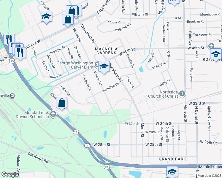 map of restaurants, bars, coffee shops, grocery stores, and more near 2762 Hamilton Circle in Jacksonville