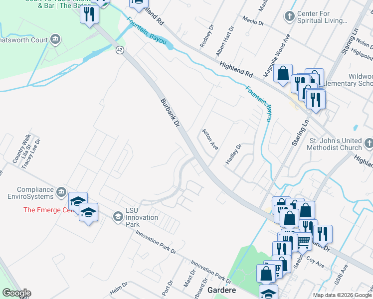 map of restaurants, bars, coffee shops, grocery stores, and more near Pelican Lakes Pkwy in Baton Rouge