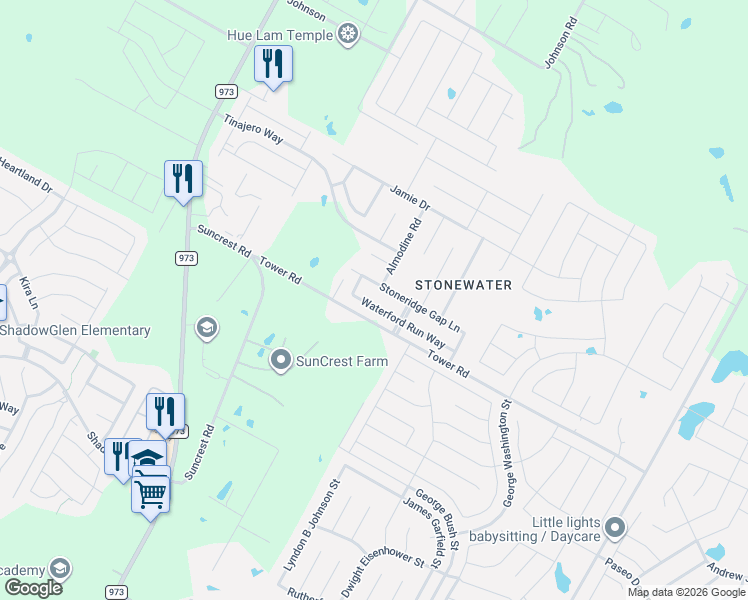 map of restaurants, bars, coffee shops, grocery stores, and more near 12117 Waterford Run Way in Manor