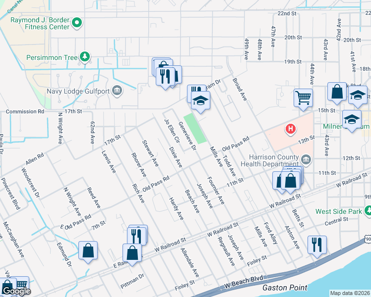 map of restaurants, bars, coffee shops, grocery stores, and more near 1408 Genevieve Drive in Gulfport