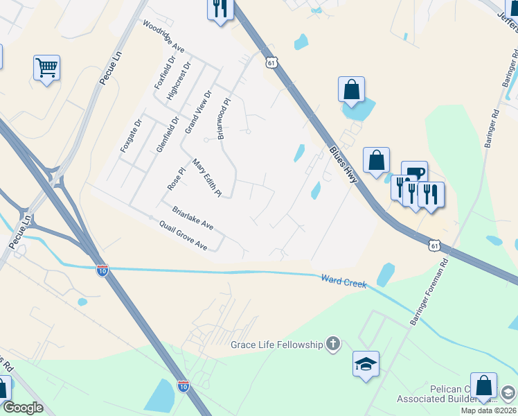 map of restaurants, bars, coffee shops, grocery stores, and more near 9053 Thistle Ridge Drive in Baton Rouge