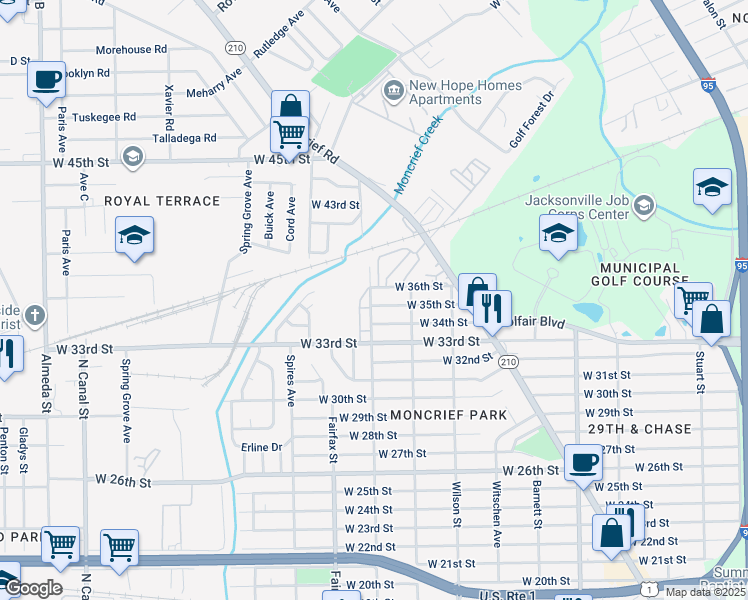 map of restaurants, bars, coffee shops, grocery stores, and more near 1636 West 35th Street in Jacksonville