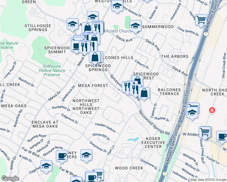 map of restaurants, bars, coffee shops, grocery stores, and more near 7906 Bracken Court in Austin
