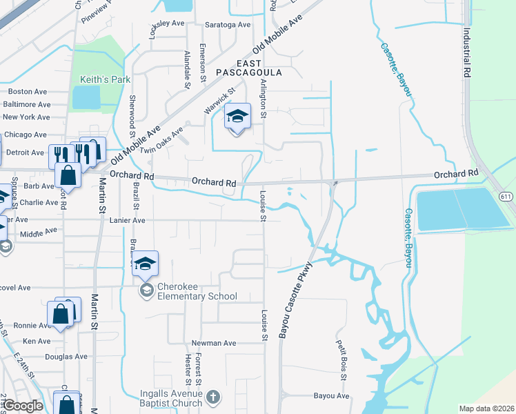 map of restaurants, bars, coffee shops, grocery stores, and more near 3106 Louise St in Pascagoula