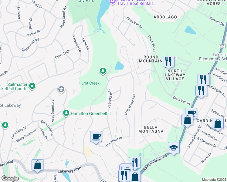 map of restaurants, bars, coffee shops, grocery stores, and more near 208 Spellbrook Lane in Lakeway