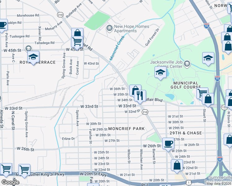 map of restaurants, bars, coffee shops, grocery stores, and more near 1578 West 35th Street in Jacksonville