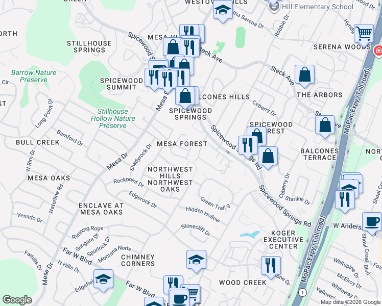 map of restaurants, bars, coffee shops, grocery stores, and more near 7815 Moritz Lane in Austin