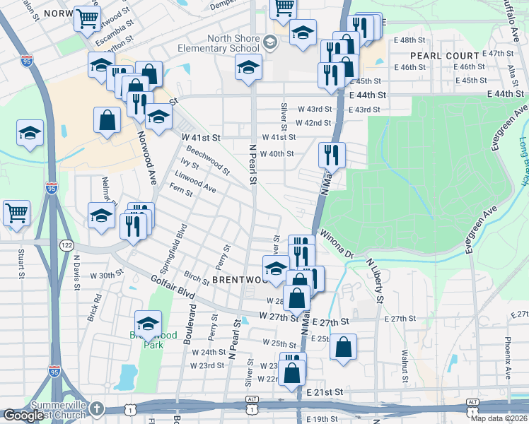 map of restaurants, bars, coffee shops, grocery stores, and more near 115 Fern Street in Jacksonville